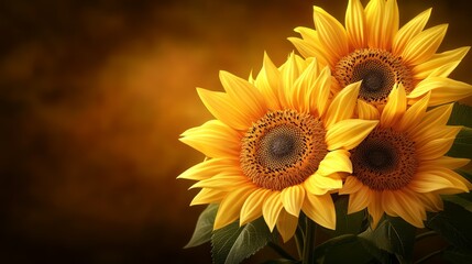 Obraz premium Three bright sunflowers against a warm, blurred background.