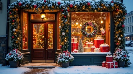 Fototapeta premium Festively decorated storefront adorned with holiday cheer in a quaint winter setting during the Christmas season