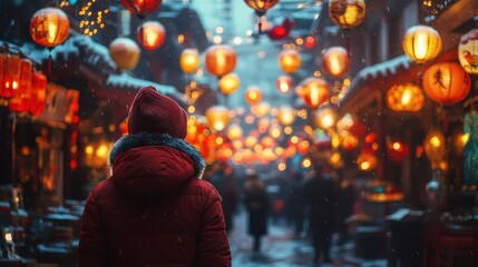 Obraz premium Person in red jacket looks over festive street adorned with lanterns during a colorful celebration