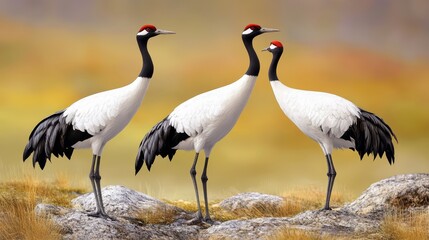 Fototapeta premium Three elegant cranes standing on rocks in a natural setting.