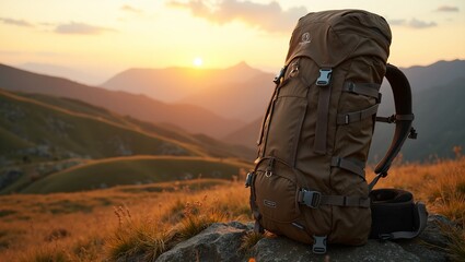 Fototapeta premium Adventure awaits with a rugged hiking backpack against a sunset backdrop