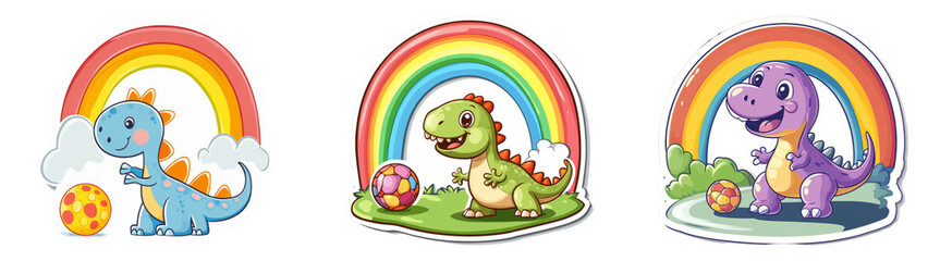 Obraz premium Cartoon dinosaurs and rainbows isolated on transparent background perfect for childrenâ€™s book illustrations or playful designs