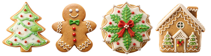 Festive Christmas Gingerbread Cookies Set with Icing Decorations, Isolated on White Transparent Background, PNG Element. Gingerbread cookies, featuring a Christmas tree, gingerbread man, mistletoe