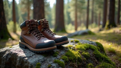 Rugged hiking boots on mossy boulder in sunlit forest