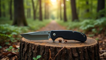 Versatile survival knife on tree stump in forest with sunlight reflection
