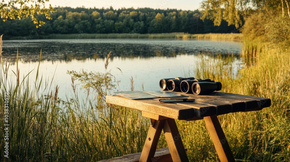 Poster a peaceful birdwatching hideout with a view of a pond, binoculars and bird guides meticulously arran