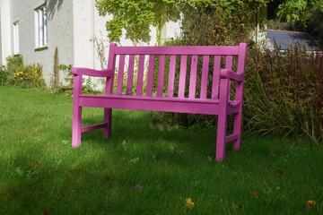 Pink wooden bench in garden. relaxing place to sit and rest