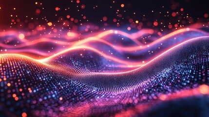 Fototapeta premium Technology background with connected dots on 3D wave landscape. Data science, particles, digital world, virtual reality, cyberspace, metaverse concept