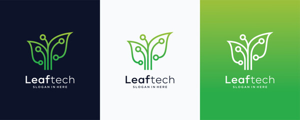 Modern green leaf tech vector logo designs template, technology logo icon symbol