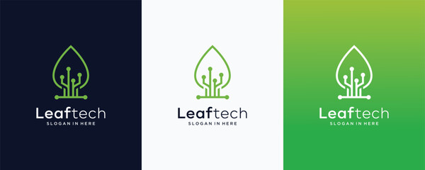 Green leaf ecology design logo inspiration with connection tech lines