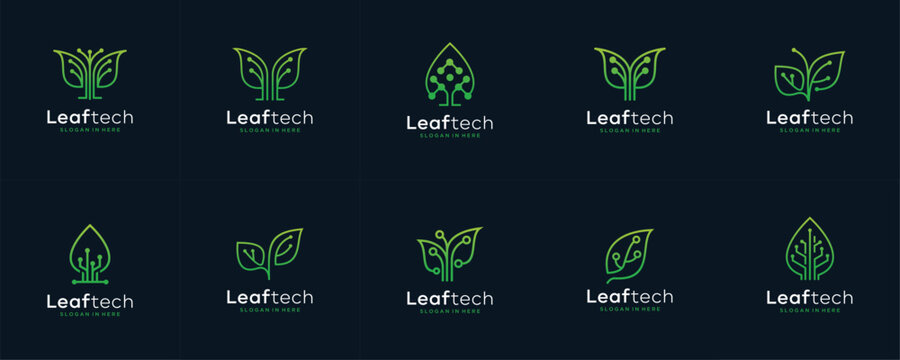 Leaf tech logo design template. Innovative digital technology concept business icon set . Vector illustration.