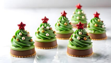 Christmas Tree Mini Mousse Cakes with Blank Space for Ads. Perfect for: Christmas, Corporate events, Festive campaigns