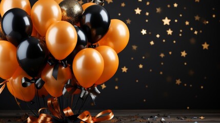 A bunch of orange and black balloons are tied together in a bow