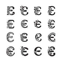 Floral Shape Silhouette Vector Logos Featuring Alphabet Letter E for Branding and Design Projects