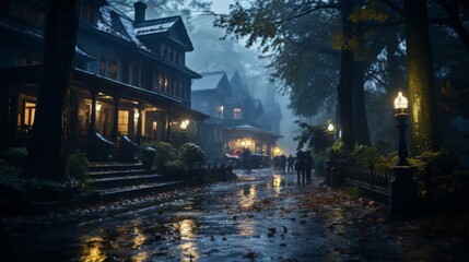 Fototapeta premium A rainy night in a small town with people walking down the street