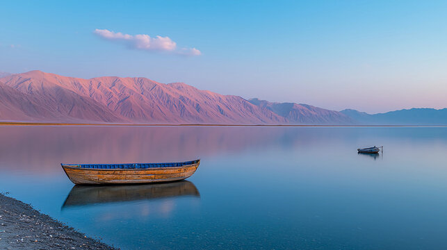  The vast surface of Lake Qar, lapping at the edge of the shore, is calm and clear, reflecting light in shades of blue to pink.