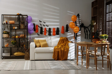Room interior with different bright Halloween decorations