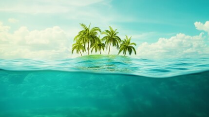 Obraz premium Tropical island with palm trees, serene turquoise waters and blue sky.