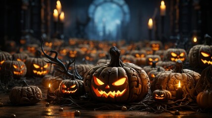 Fototapeta premium A large group of pumpkins with scary faces are lit up in a dark room