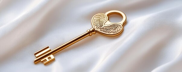 An elegant golden key resting on soft silk fabric, symbolizing luxury and uniqueness. Perfect for concepts of access and opportunity.
