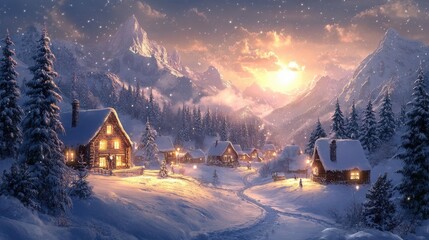 illustration of a winter christmas scene landscape for a banner or wallpaper