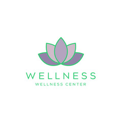 A logo for a wellness center featuring a stylized lotus flower in soft colors with the word “Wellness” and the tagline “Wellness Center”