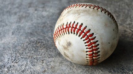 A close-up of a worn baseball on a concrete surface.