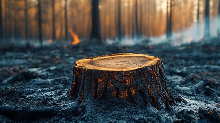 Poignant scene of a burnt tree stump standing in a charred forest showcasing the remnants of a wildfire highlighting deforestation and the severe environmental damage caused by forest fires