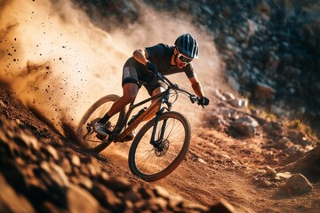 A dynamic shot of a cyclist racing down a mountain trail - dust and dirt kicking up behind the bike.