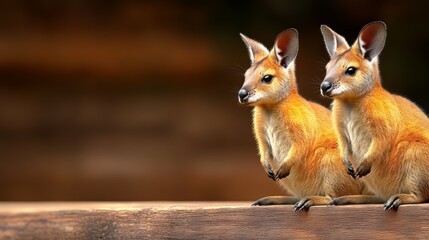 Obraz premium Two kangaroos sitting side by side on a wooden railing