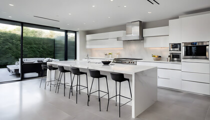 Open-concept kitchen featuring white cabinetry, marble island, and sleek appliances