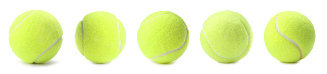 Bright tennis ball isolated on white, collage