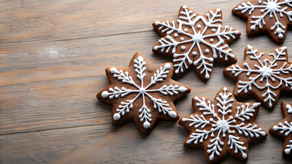 Fototapeta premium Snowflake Chocolate Cookies with Blank Space for Copy. Perfect for: Christmas, Winter holidays, Bakery promotions