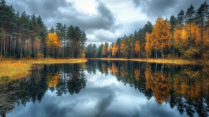 Fototapeta premium Forest reflected in still water with cloudy sky overhead.