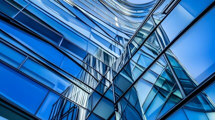 A low angle view of a modern building with blue glass windows.