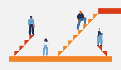 Employees are in unequal positions and conditions for career growth in company. Different success ladders for men and women. Discrimination and promotion disparity. Vector illustration