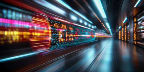 Data Flow: A captivating abstract image of a futuristic digital corridor, with streaks of vibrant light and data streams, suggesting rapid technological advancement and seamless information flow. 