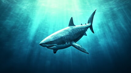 Fototapeta premium Underwater scene featuring a majestic shark swimming gracefully in blue waters.