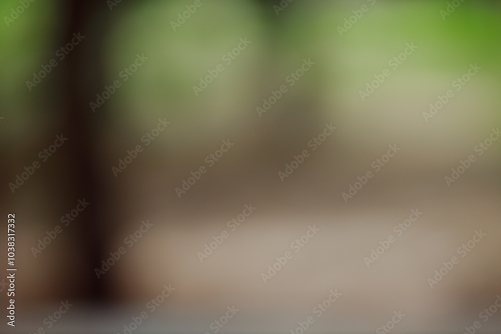 Poster Forest background out of focus. Soft image with sunny weather. Round bokeh. Green background for design.