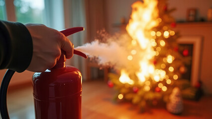 Extuinguishing a fire on a burning christmas tree