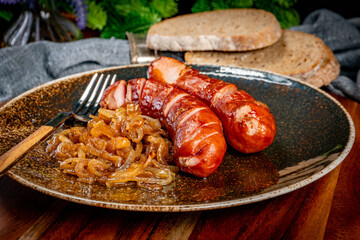 Fried sausage with onions.