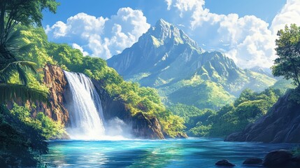 Fototapeta premium mountain with waterfall in tropical forest