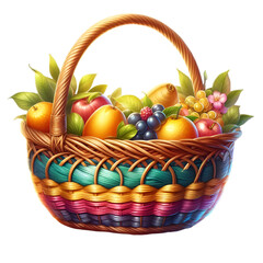 A colorful fruit basket filled with various fruits, including apples, bananas, and grapes, depicted in a clipart style.