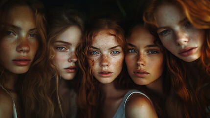 Obraz premium The blue eyes of the girls and their freckles on wet skin stand out against a soft background, creating a harmonious and gentle image.