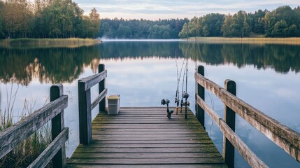 A peaceful fishing pier overlooking a serene lake with fishing rods and bait, Fishing equipment and scenic views set up for leisurely angling, Natural photo of