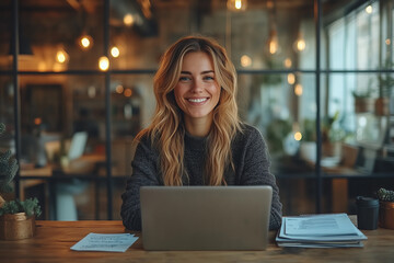 A woman is sitting at a desk with a laptop and a stack of papers.