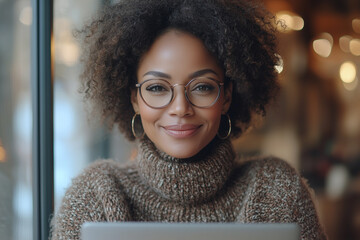 A woman with curly hair is sitting at a table with a laptop in front of her.