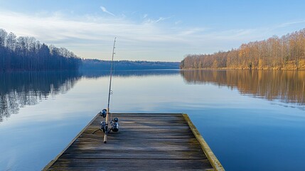 Fototapeta premium A peaceful fishing pier overlooking a serene lake with fishing rods and bait, Fishing equipment and scenic views set up for leisurely angling, Natural photo of