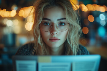 A woman with glasses is looking at a laptop.