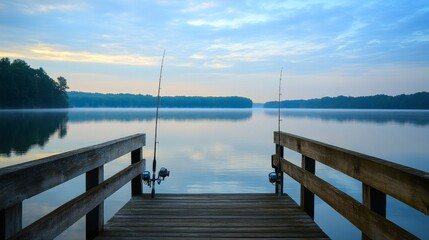 Obraz premium A peaceful fishing pier overlooking a serene lake with fishing rods and bait, Fishing equipment and scenic views set up for leisurely angling, Natural photo of